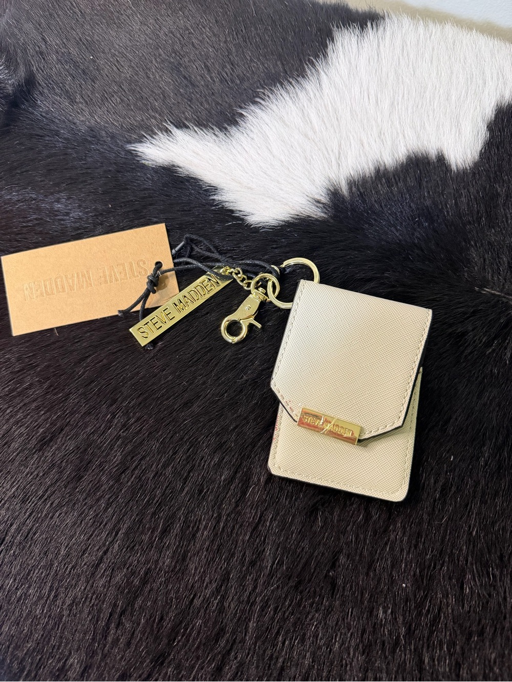 Steve Madden Cream Card Holder Keychain with Gold Hardware